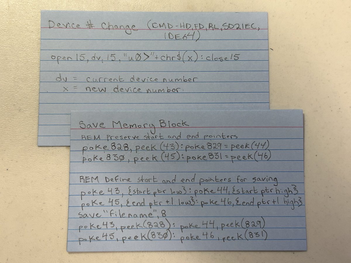 gregnacu's tweet image. Couple more useful reference cards for #C64 stuff. Changing a device’s dev number in software, and how to save any block of memory using poke, peek, and save.