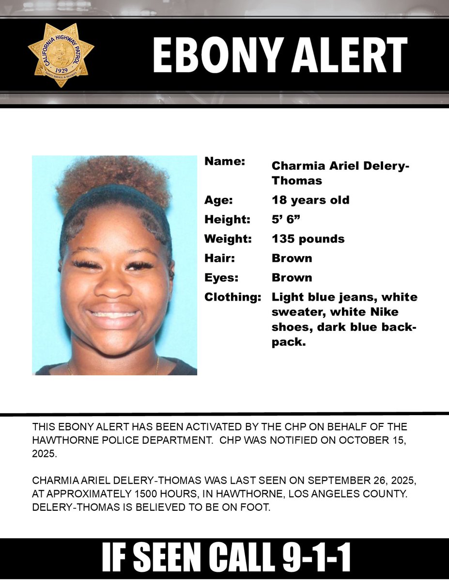 CHP - Alerts (@chpalerts) on Twitter photo Ebony Alert – Los Angeles County
Last Seen: Lemoli Avenue and West 147th Street, Hawthorne
<a href="/HawthornePD/">Hawthorne Police</a>
IF SEEN, CALL 9-1-1 Ebony Alert – Los Angeles County
Last Seen: Lemoli Avenue and West 147th Street, Hawthorne
<a href="/HawthornePD/">Hawthorne Police</a>
IF SEEN, CALL 9-1-1