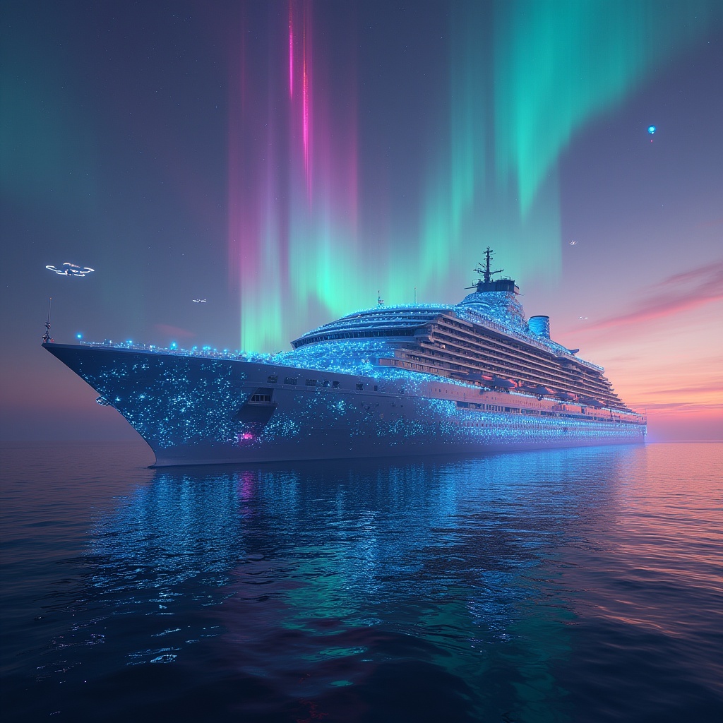 NextGenAura's tweet image. &quot;Explore the serene beauty of the future on a radiant mega-ship! 🌌✨ #FuturisticTravel #Bioluminescence #AuroraMagic #SurrealScenery&quot;