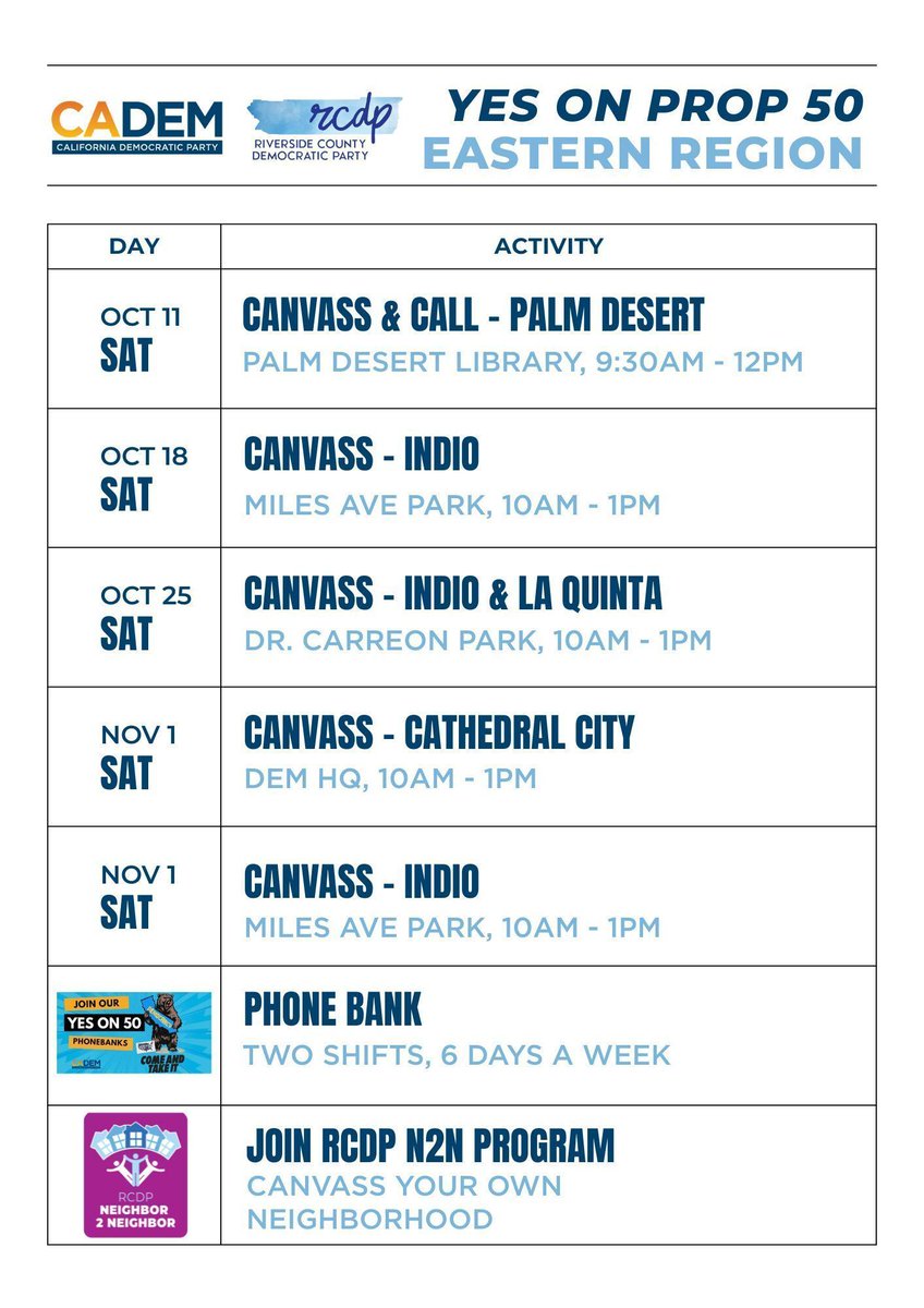 OfficialRCDP's tweet image. It&apos;s ALL HANDS ON DECK to get PROP 50 passed. We need YOU! Sign up here: Linktr.ee/cadem