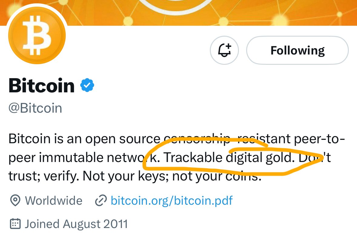 Whoever controls the @Bitcoin handle ought to remove this b.s. Saying Bitcoin  is “trackable digital gold” ignores privacy tech that already exists and  scales. Public on-chain records describe inputs and outputs. They