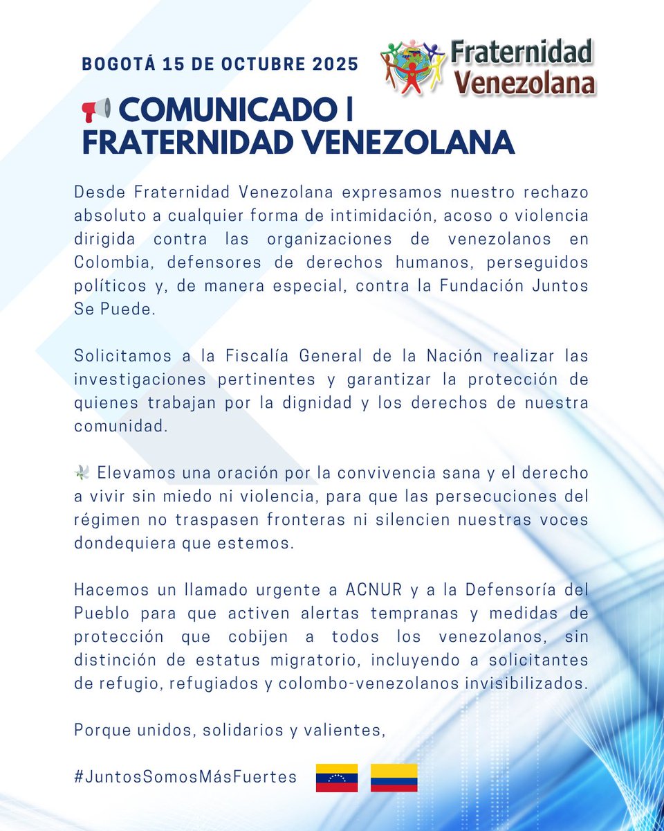 📢 COMUNICADO |  Expresamos nuestro rechazo a cualquier forma de intimidación, acoso o violencia dirigida contra las organizaciones de venezolanos en Colombia, defensores de derechos humanos, perseguidos políticos y de manera especial contra <a href="/fjuntossepuede/">Fundación Juntos Se Puede</a>
#JuntosSomosMásFuertes