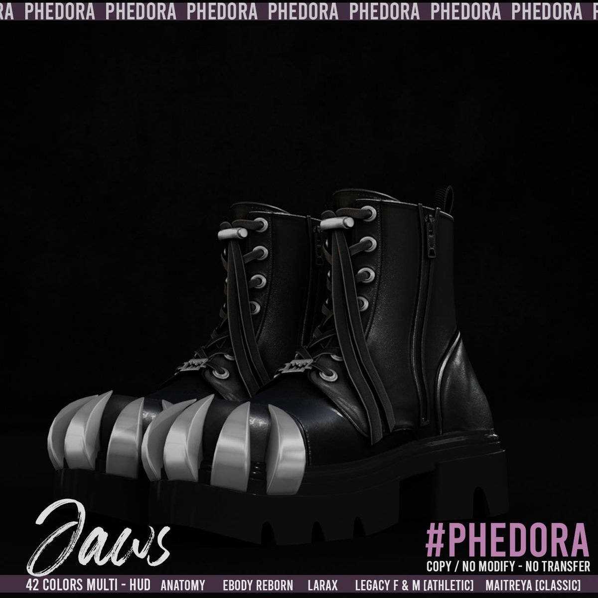 "Jaws" Stomps Available at Kustom9 🖤
Built for the hunt, made for the flex. 42-color HUD fatpack to sharpen your style to lethal precision. Rigged for Anatomy, Ebody Reborn, LaraX, Legacy F &amp; M (Athletic), and Maitreya [Classic]. 
❥ LM : maps.secondlife.com/secondlife/kus…