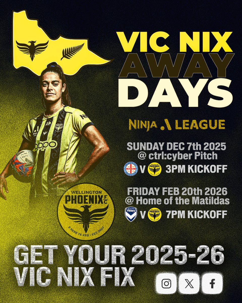 Both our <a href="/WgtnPhoenixFC/">Wellington Phoenix 🔥</a> <a href="/aleaguemen/">Isuzu UTE A-League</a> &amp; <a href="/aleaguewomen/">Ninja A-League</a> teams are coming to Melbourne five times (in total) in Season 2025-26 &amp; as always, the VIC NIX will be there!

Mark the following dates 👇on your calendar🗓️&amp; seeya's there folks! 🙌💛🖤 

#awaydays 

Come on Phoenix! 👏