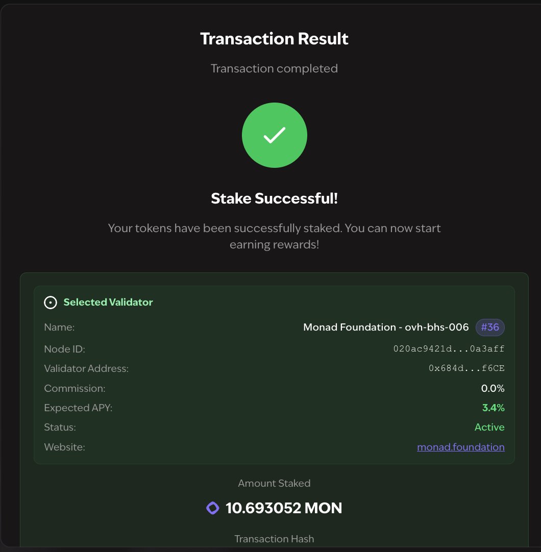 Staked on Monad testnet-1!

 link 👉gmonads.com/staking

G~<a href="/monad/">Monad (mainnet arc)</a> 💜