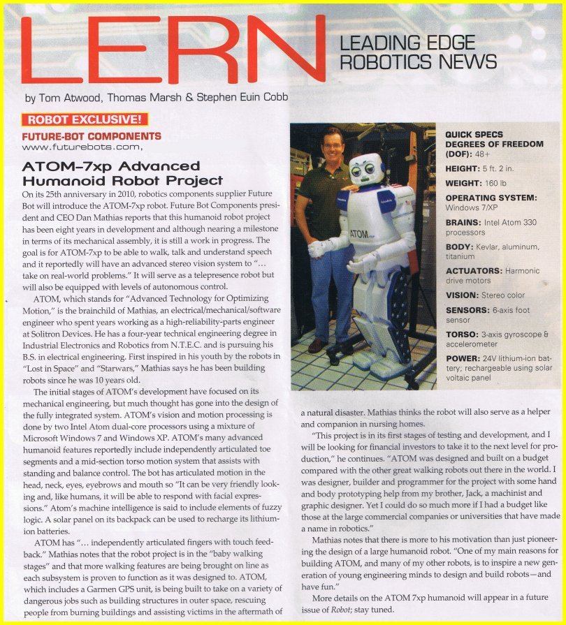 ATOM1Humanoid's tweet image. ATOM 1.0 formally ATOM 7xp was introduced to the world on Jan 4, 2010 in En-gadget magazine, then ATOM 1.0 was featured in Robot magazine in March of 2010, ATOM is a long term project from a small lab in need of major funding today to keep up with the BIG boys of Humanoids..