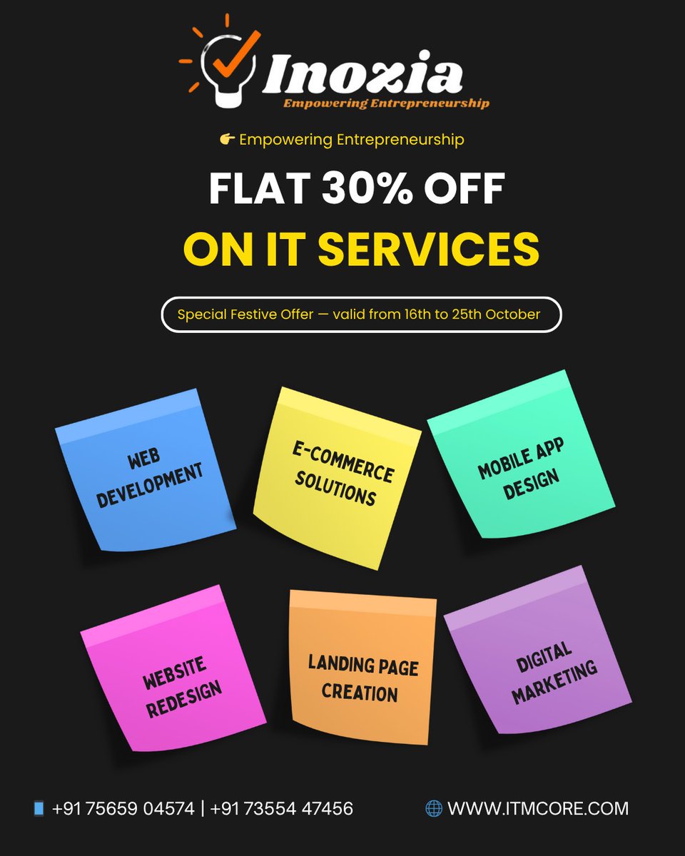 BarathYada36628's tweet photo. 🚀 Transform Your Business with Inozia!
We’re bringing you an exclusive Flat 30% OFF on all IT Services — from 16th to 25th October!

Whether you need a new website, a mobile app, or a full digital makeover — our expert team is here to make it happen.
#Inozia #ITMcore https://t.co/O7Sr1j6Tra