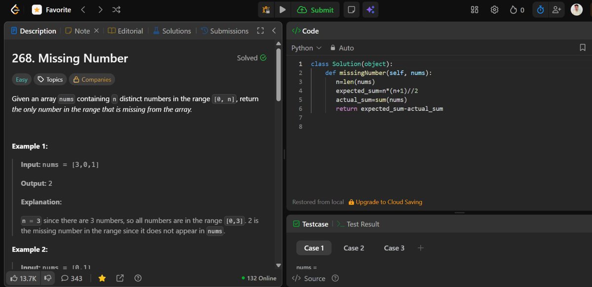GopiChandDev's tweet image. Day 6/100 ✅
Solved LeetCode 268: Missing Number. 
#LeetCode #Python