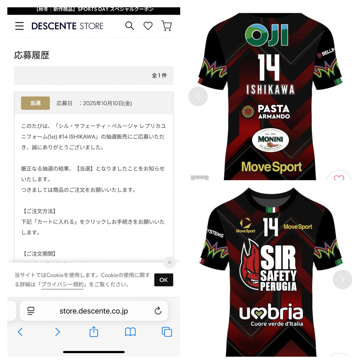 先日開催されたバレーのペルージャvsサントリーの試合で石川が着てた
