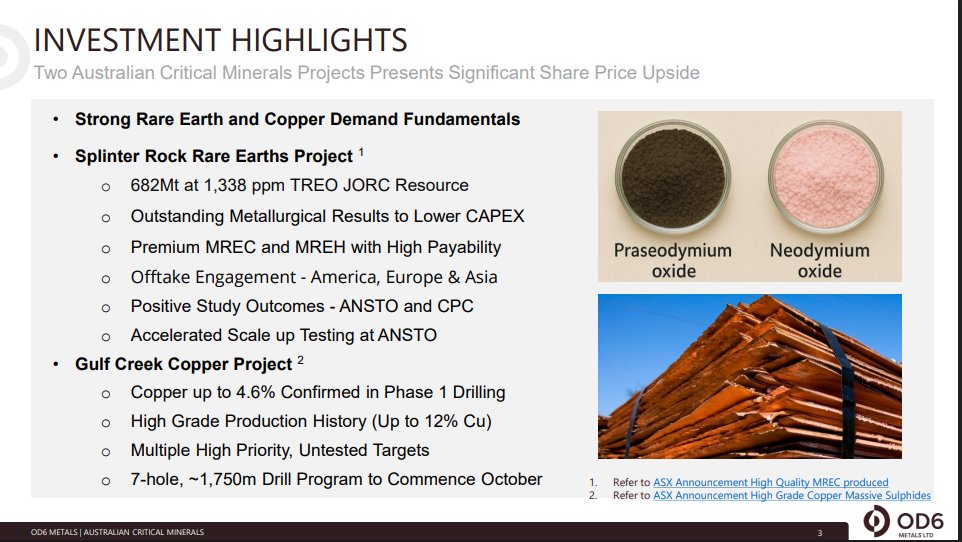 FunTechalyst's tweet image. $OD6 Weekly C & H BO
#rareearth & #copper
Worth going through investor presentation
at 17m MC, the cheapest Vs many peers
1# Splinter Rock Rare Earths Project
682Mt at 1,338 ppm TREO JORC Resource
2#Gulf Creek Copper Project
Copper up to 4.6% Confirmed in Phase 1 Drilling