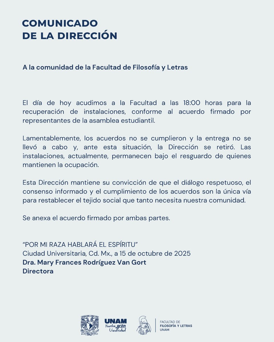 filos_unam's tweet image. Comunicado del 15 de octubre. 

filos.unam.mx/wp-content/upl…