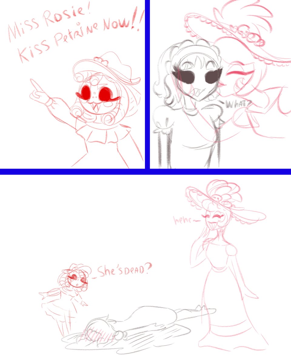 DarkneyF's tweet photo. Our cannibals with a friend + Rosie.
Petrine is Rosie's servant and is in love with her.
Rosemary (the little girl), Rosie is her nanny.

Rosemary's superpower is to create tiny cannibal kittens.

#HazbinHotelOC #Cannibal #hazbinhotelrosie #Roleplay https://t.co/OPp61aiG3Q