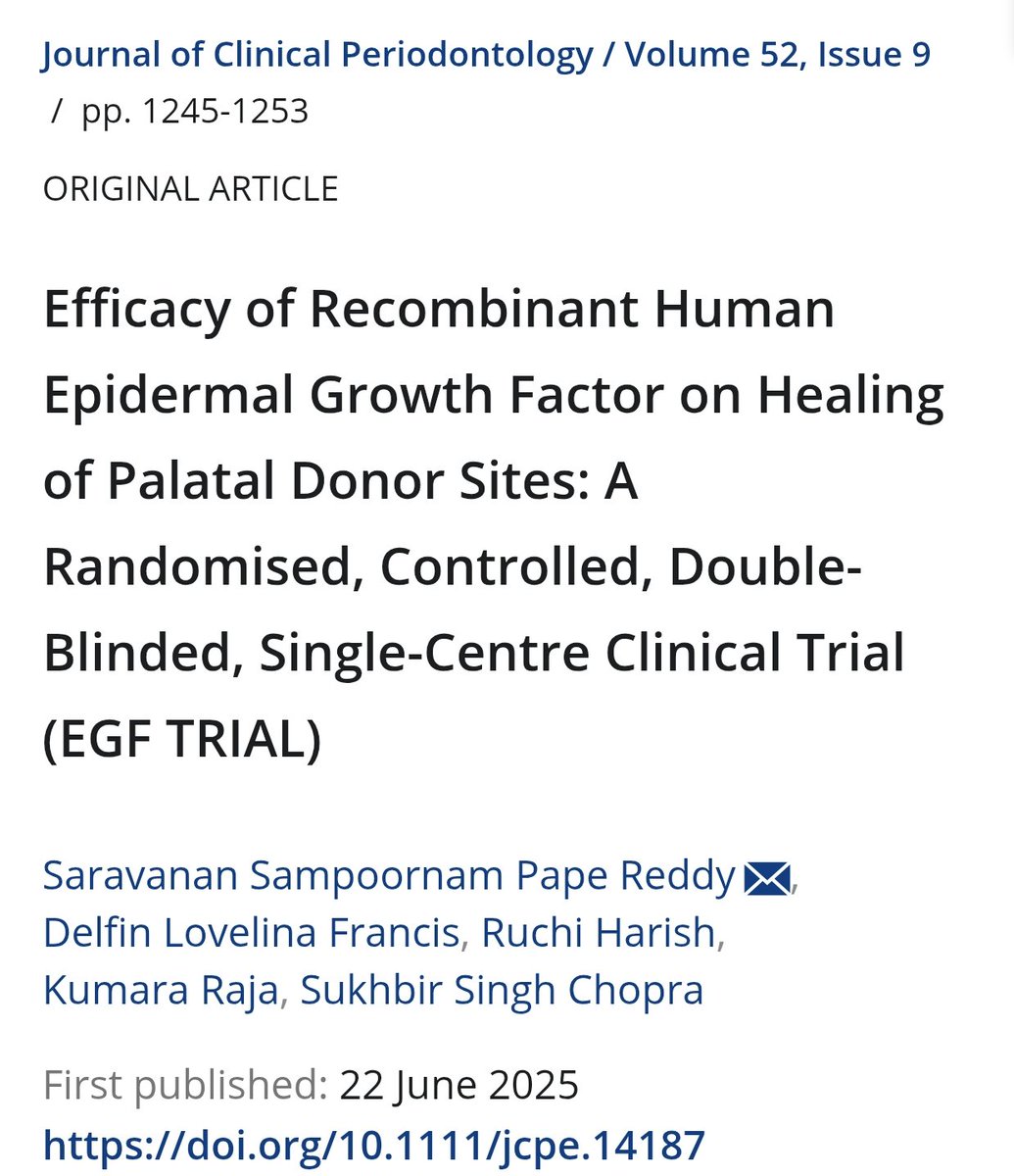 PhdSaveetha's tweet image. 🎉 Congratulations to Dr. Delfin Lovelina Francis on the publication of her clinical trial in the Journal of Clinical Periodontology!

📖 Efficacy of Recombinant Human EGF on Healing of Palatal Donor Sites (EGF TRIAL)
👉 doi.org/10.1111/jcpe.1…

#Dentistry #Research