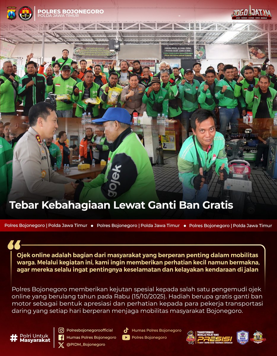 Tebar Kebahagiaan Lewat Ganti Ban Gratis

@divisihumaspolri
<a href="/spripim/">spripim_kepri</a>.polri
@humaspoldajatim
<a href="/gegana_id/">GelisahGalauMerana</a>

#netralitaspolri
#PresisiUntukIndonesia
#HumanisTegakkanHukum
#PolresBojonegoro
#PoldaJawaTimur