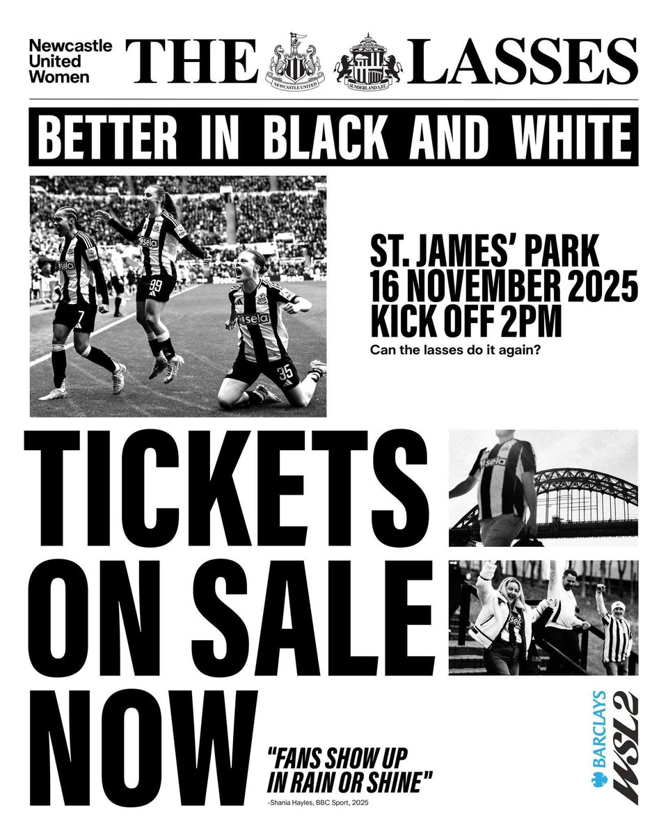 nufctrust's tweet image. One Month to Go 📅 

@NUFCWomen are back at SJP on 16 November 2025 for the much anticipated game against Sunderland 

Get your tickets on the link below to support them in the local derby 

Our Club. Our City. Our Lasses 🖤🤍
#NUFC  #NUFCW 

book.newcastleunited.com/en-GB/categori…