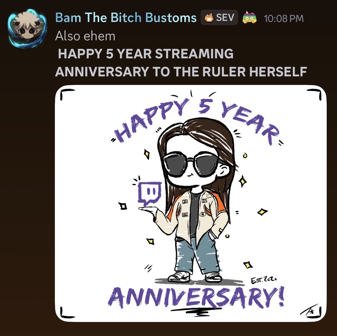 RachelSev's tweet image. Flew out to TN today and bc of all the traveling, I legit forgot today was my 5yr streaming anniversary 😩
Thank you for remembering and drawing this up 🥺🧡 @totesnotbam