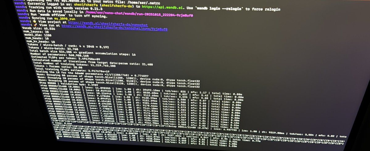 0x_Sero's tweet image. Training Andrej Karpathy’s Nanochat on 4x RTX 3090s at 225W each:
Step 2,694/21,400 (12.59% done)
Loss: 3.14
Runtime: 6.78 hours
Throughput: 3,600 tok/sec
Temps: 52-57°C
VRAM: 19GB/24GB per card
Total cost: 15$ at 55h
Zero errors, perfectly stable