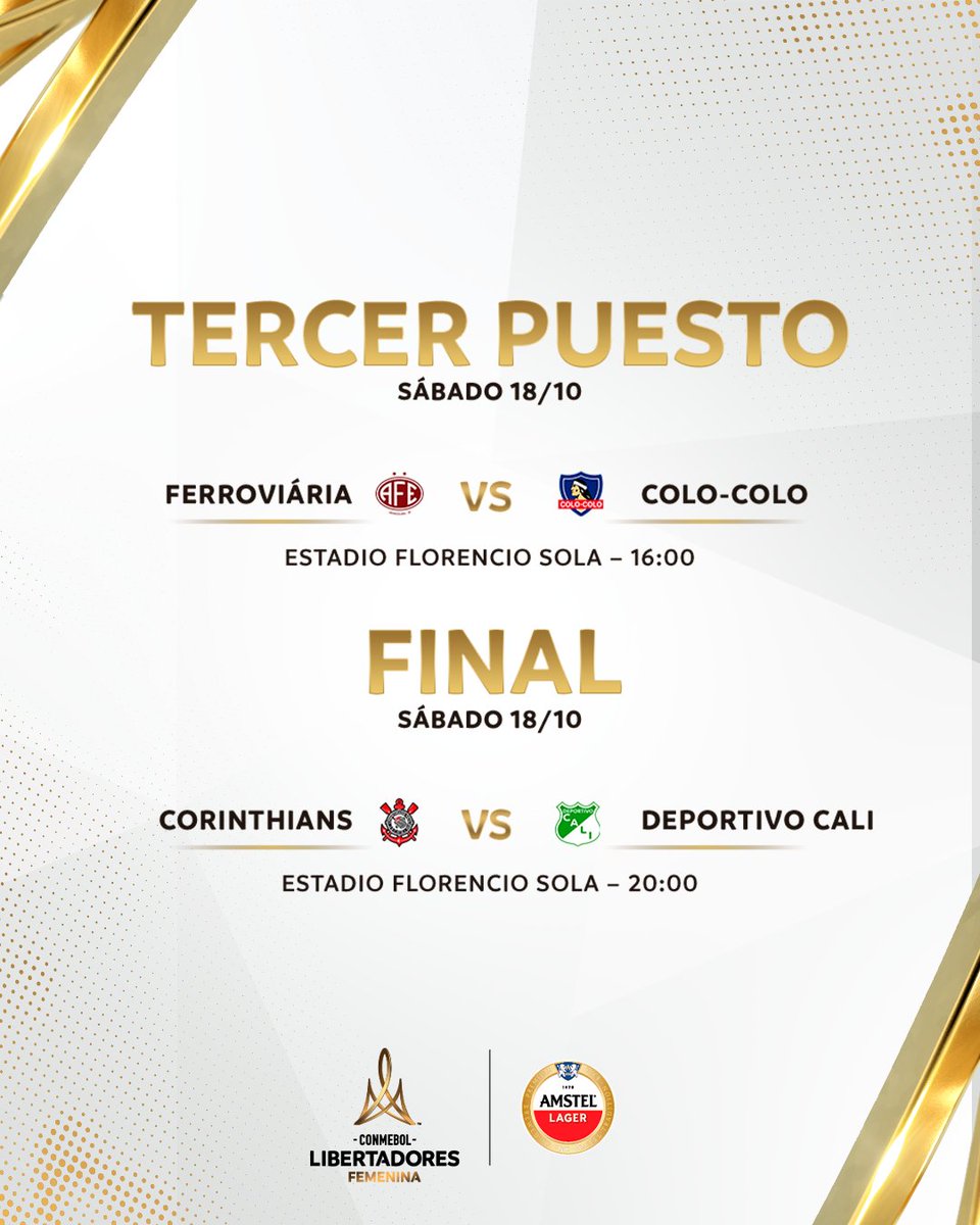 vini_developer2's tweet image. CONMEBOL oficializou os horários dos jogos de sábado da libertadores feminina

16h: Ferroviária X Colo-Colo
Disputa de 3 lugar

20h: Corinthians x Dep. Cali
Finalíssima

*Horário de Brasília