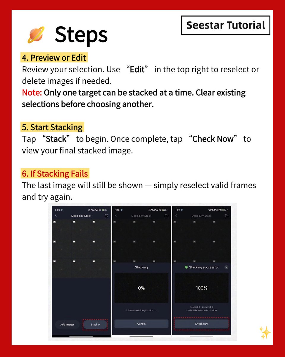 Seestar_astro's tweet photo. Tutorial Time!!! Wait, Seestar can stack images on its own App? 🤯
Don’t miss this tutorial — discover how stacking in the App can take your astrophotography to the next level! 🌠#Seestar #SmartTelescope #Astrophotography #astronomy #space #tutorial #SeestarTutorial #stacking https://t.co/Sn9qTYQHSY