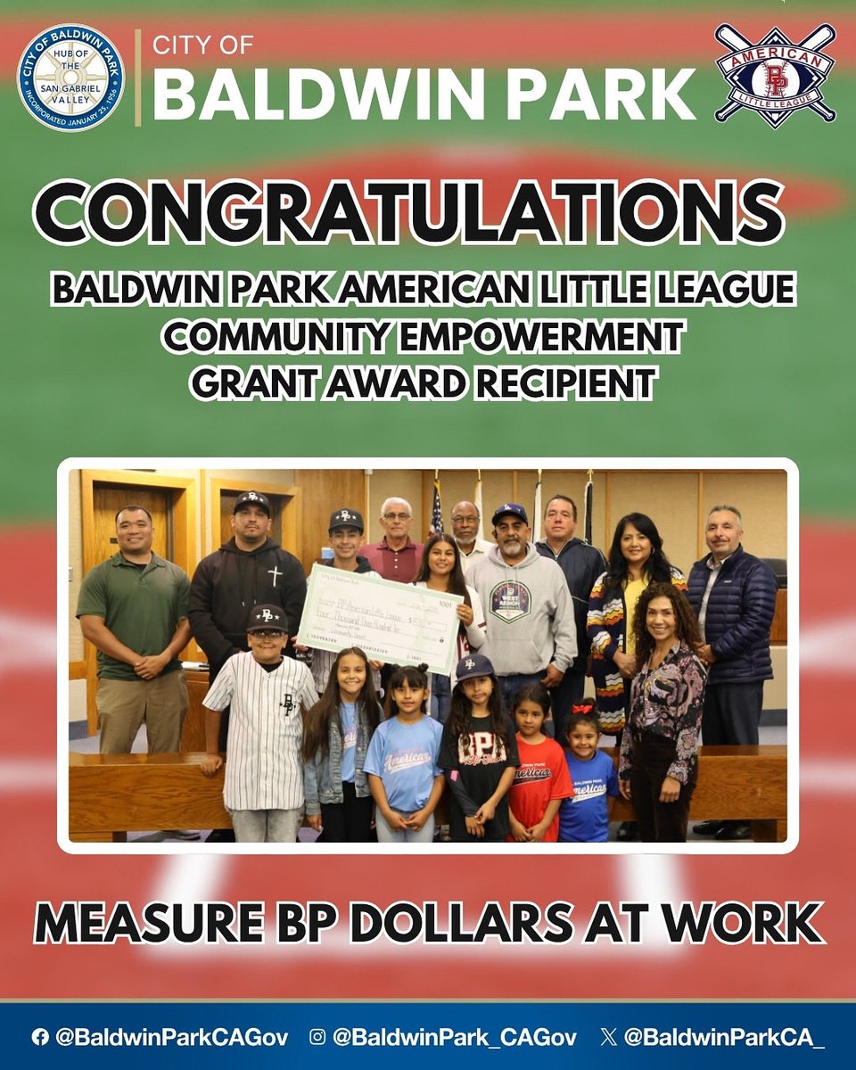 BaldwinParkCA_'s tweet image. 🎉 Congratulations to Baldwin Park American Little League- officially awarded a Community Empowerment Grant for Youth Sports Organizations by the Measure BP Stakeholders Oversight Committee!We’re proud to celebrate this win with you! #BaldwinPark #YouthEmpowerment #MeasureBP