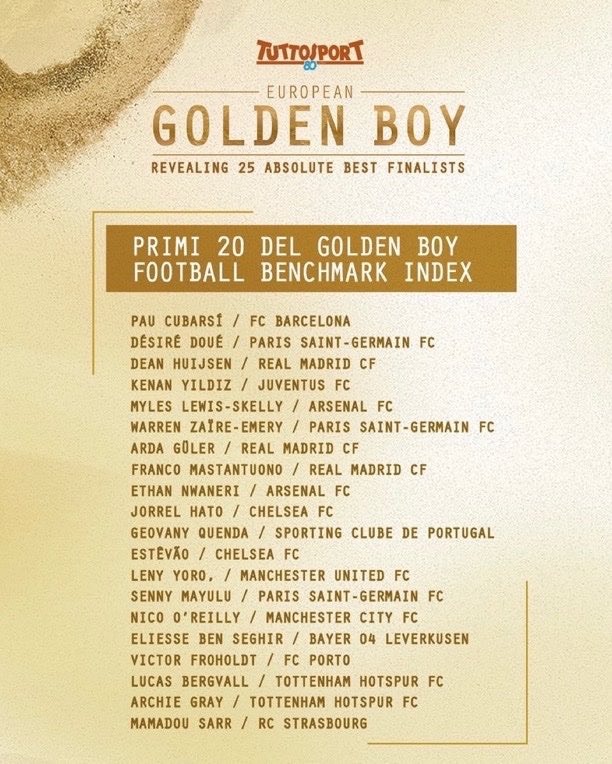 🚨 Official: Huijsen, Arda Güler, &amp; Mastantuono masuk daftar finalis Golden Boy 2025, penghargaan <a href="/tuttosport/">Tuttosport</a> bagi pemain terbaik di klub Eropa kelahiran 1 Januari 2005 atau setelahnya. Pemenang dipilih 50 jurnalis Eropa dan diumumkan November di Turin.