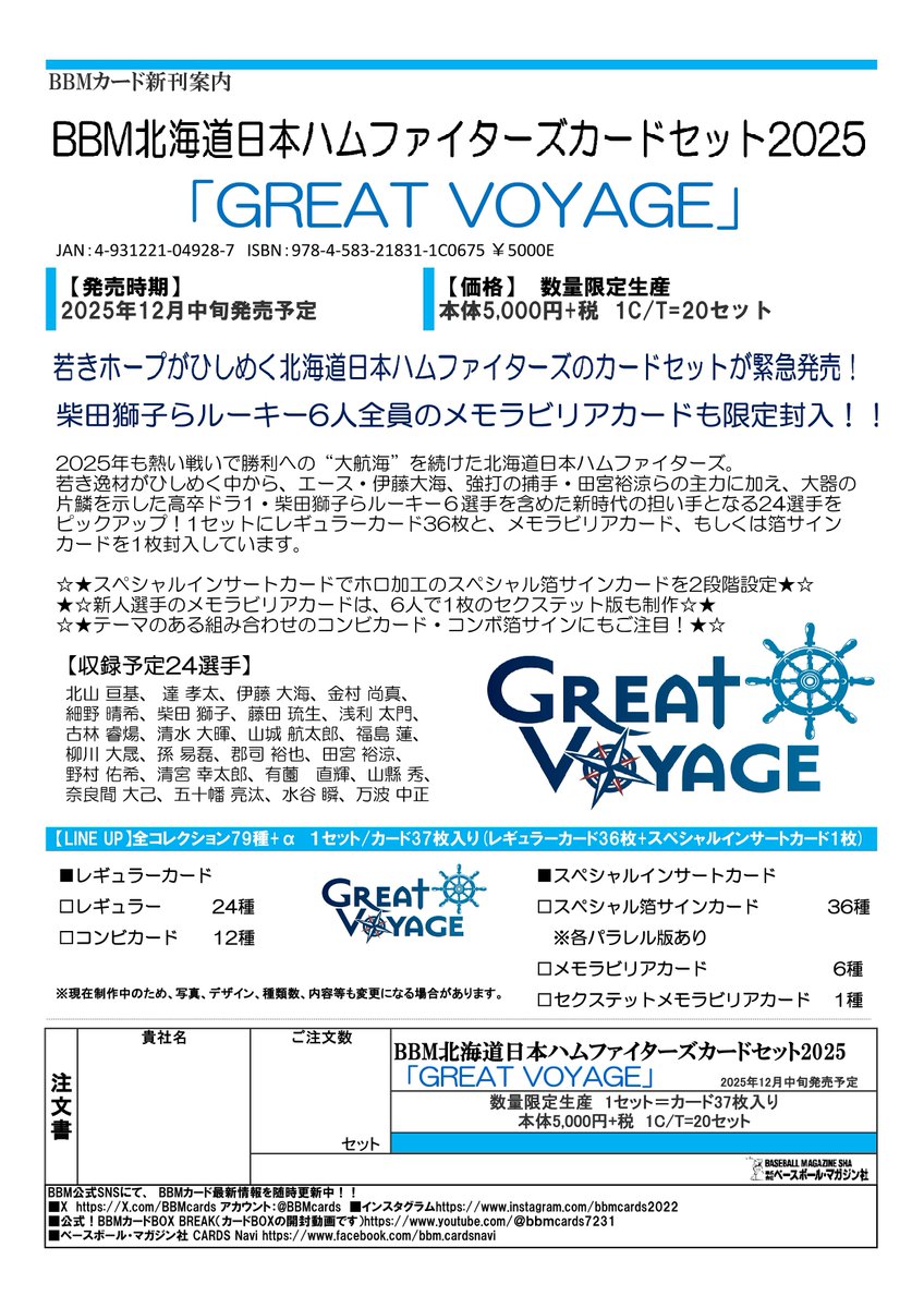MintHeadquarter's tweet image. 【製品情報】
2025年12月中旬 発売予定
⚾ BBM 北海道日本ハムファイターズカードセット 2025 「GREAT VOYAGE」
tradingcardjournal.com/2025/10/%e3%80…
若きホープがひしめく北海道日本ハムファイターズのカードセットが緊急発売!!
柴田獅子らルーキー6人の全員のメモラビリアカードも限定封入!!…