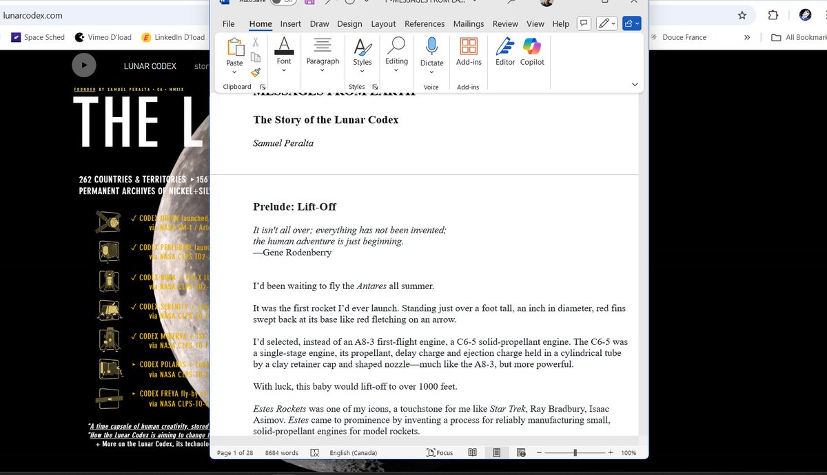 Semaphore's tweet image. MOON SHOT: THE STORY OF THE LUNAR CODEX*
by Samuel Peralta

So this is happening... I&apos;m 8,000 words into what&apos;s planned to be an 80K-word narrative non-fiction on our shared journey from Earth, to the Moon, and beyond.

Wish me luck.

___
*Just a working title 📷