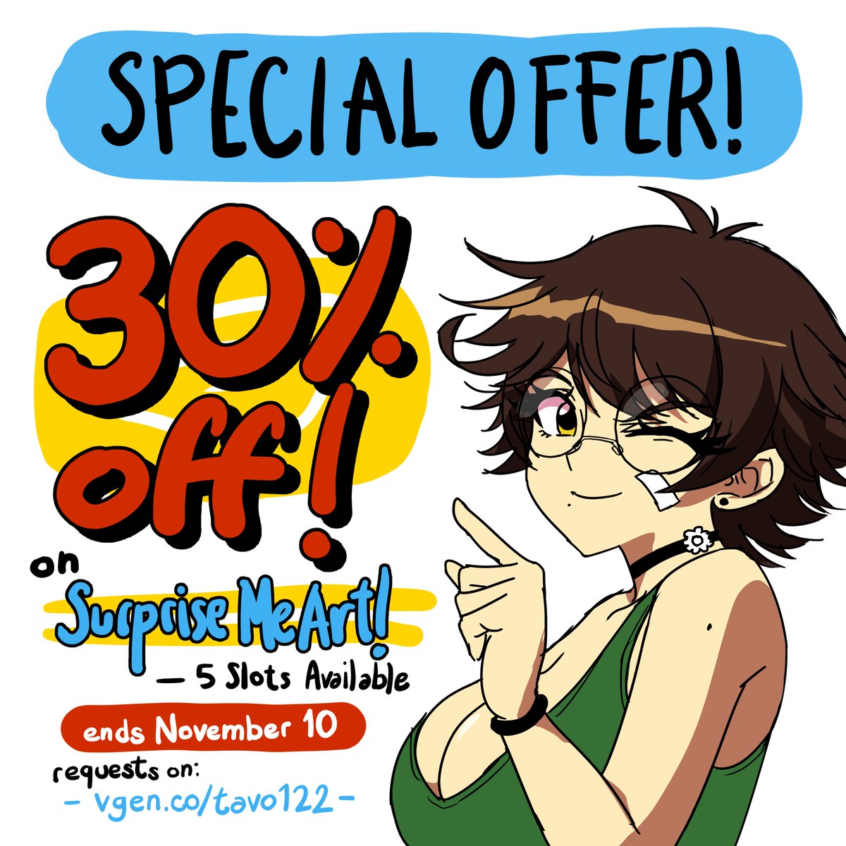 Hola, bandita! No he podido abrir todos mis servicios de Vgen por dificultades sin embargo les traigo un descuento especial en Skebs/SurpriseMe (Dibujos de una exhibición sin revisiones) Solo hay 5 slots disponibles.
Solicitudes en: vgen.co/tavo122/servic…