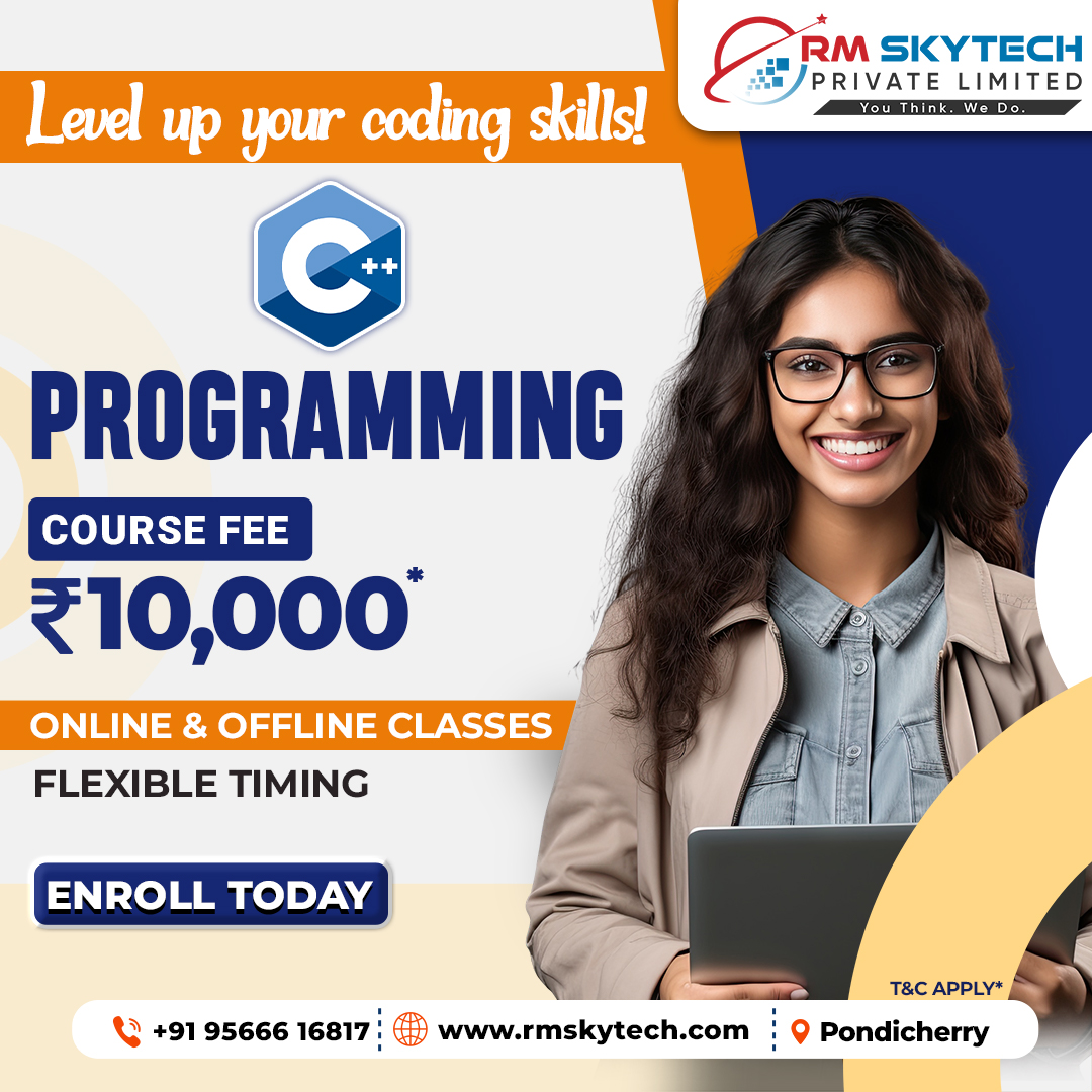 RMSkyTech1's tweet image. Level Up Your Coding! Master C++ Programming Online/Offline | Course Fee ₹10,000* | RM Skytech Pondicherry
Visit Our Website: rmskytech.com
#CPlusPlus #LevelUpCoding #OnlineCodingClass #RMSkytech #C++Programming #ProgrammingSkills #OfflineTraining