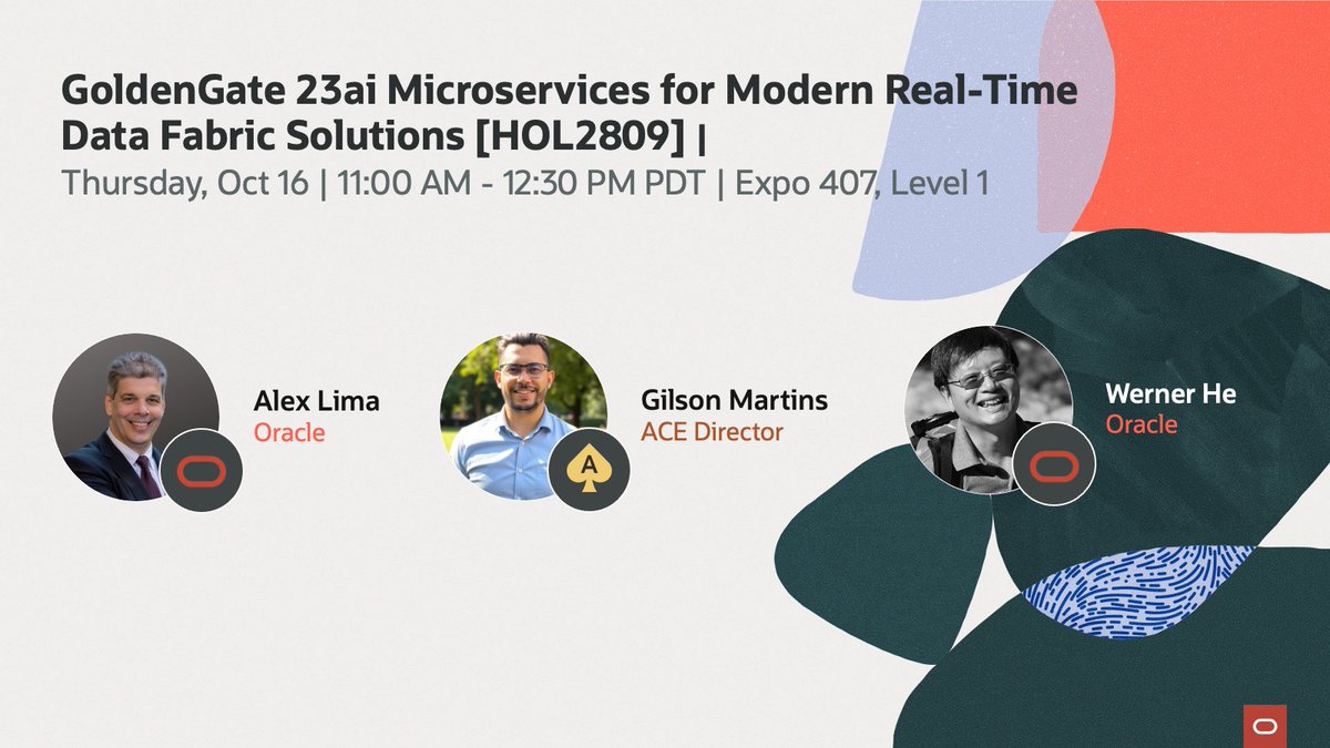 oracleace's tweet image. Ready to level up your real-time data game at #AIWorld Las Vegas? 🚀
Join our hands-on lab: GoldenGate 23ai Microservices for Modern Real-Time Data Fabric Solutions [HOL2809]! 

Work alongside Oracle ACE Director @GilsonMartins88 and Oracle experts to:
🔹 Design &amp;amp; deploy…