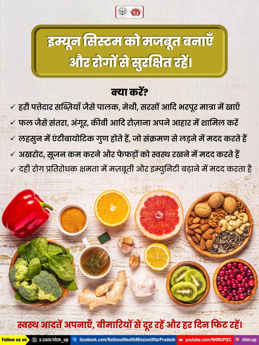 बीमारियों से लड़ने के लिए अपनी थाली में शामिल करें 🥗🍇🥛 हरी सब्ज़ियाँ, फल, हेल्दी स्नैक्स और हर दिन स्वस्थ रहें 🌞💪।

ImmunityBoost| HealthyEating| NutritionTips| Wellness| StayFit
#HealthyLifestyle #ImmunityBoost #EatHealthy #StayFit #WellnessJourney #NHMUP