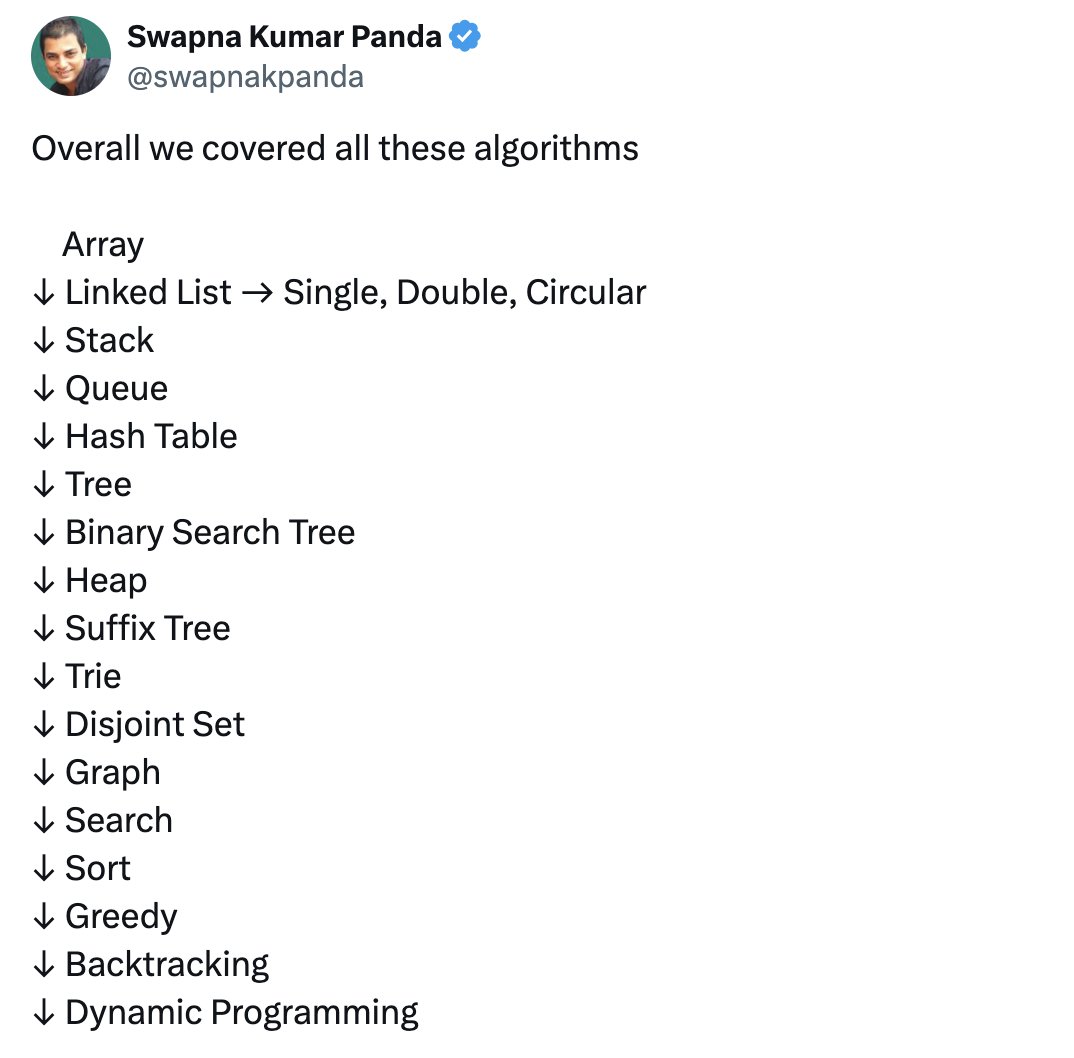 swapnakpanda's tweet image. 👩💻 Practice these 170+ Algorithms in
❍ C/C++
❍ Java
❍ Python
❍ JavaScript
Or, any language of your choice
Stay in top 5% of programmers.