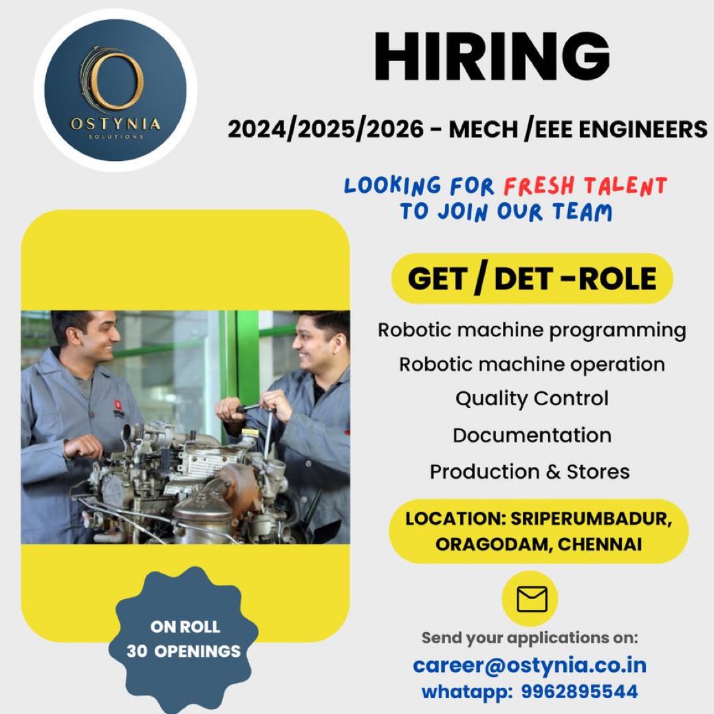 21sparksacademy's tweet image. #Fresher Job 

சென்னையில் இன்ஜினியரிங் படித்த இளைஞர்களுக்கு வேலைவாய்ப்பு 

Details 👇🏻

#Job #Engineering #Chennai