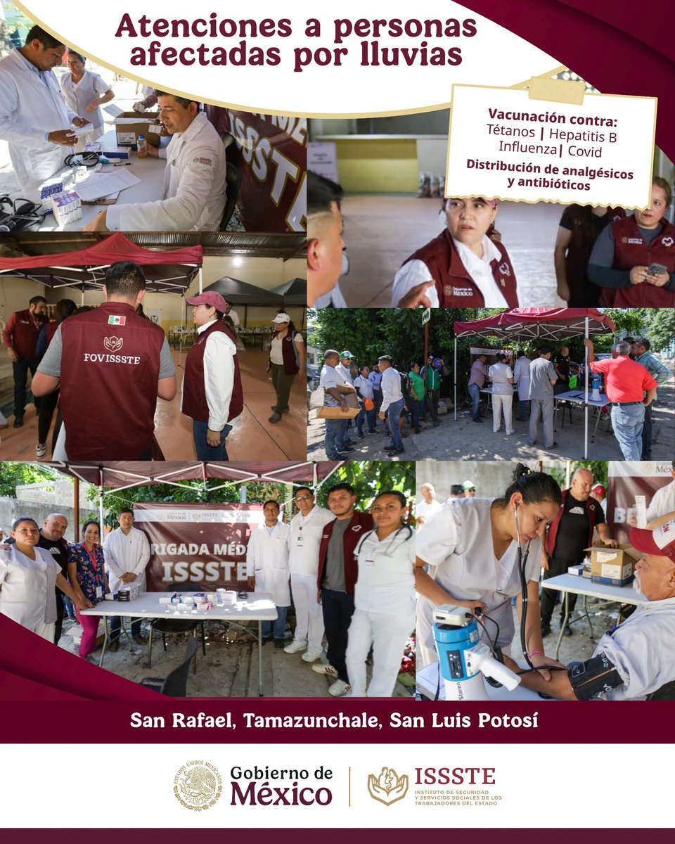 ISSSTE_mx's tweet image. 🤝 En el #ISSSTE, la empatía se transforma en acción. 🙌
👩🏻⚕️👨🏻⚕️ Ante las afectaciones por las lluvias en San Rafael, Tamazunchale, San Luis Potosí, nuestras brigadas médicas trabajan para garantizar atención médica continua, aplicar vacunas y distribuir insumos básicos a las…