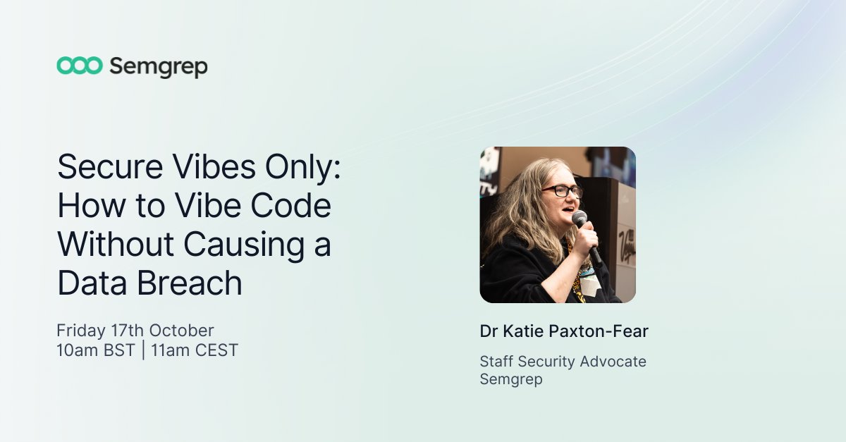 semgrep's tweet image. ⏰ Reminder: our Secure Vibe Coding webinar kicks off tomorrow morning at 10am BST! ⏰
If your developers are using AI enabled IDEs like Replit and Cursor to write code faster – this session is for you. We’ll walk through how to keep security tight, without slowing down…