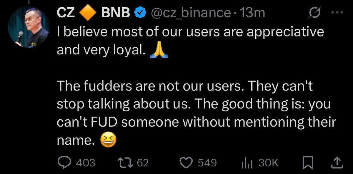 CZ JUST COMMENTS 10 minutes ago!

Dude thinks its fud 😂😂

Just cause we ain’t asslicking you?