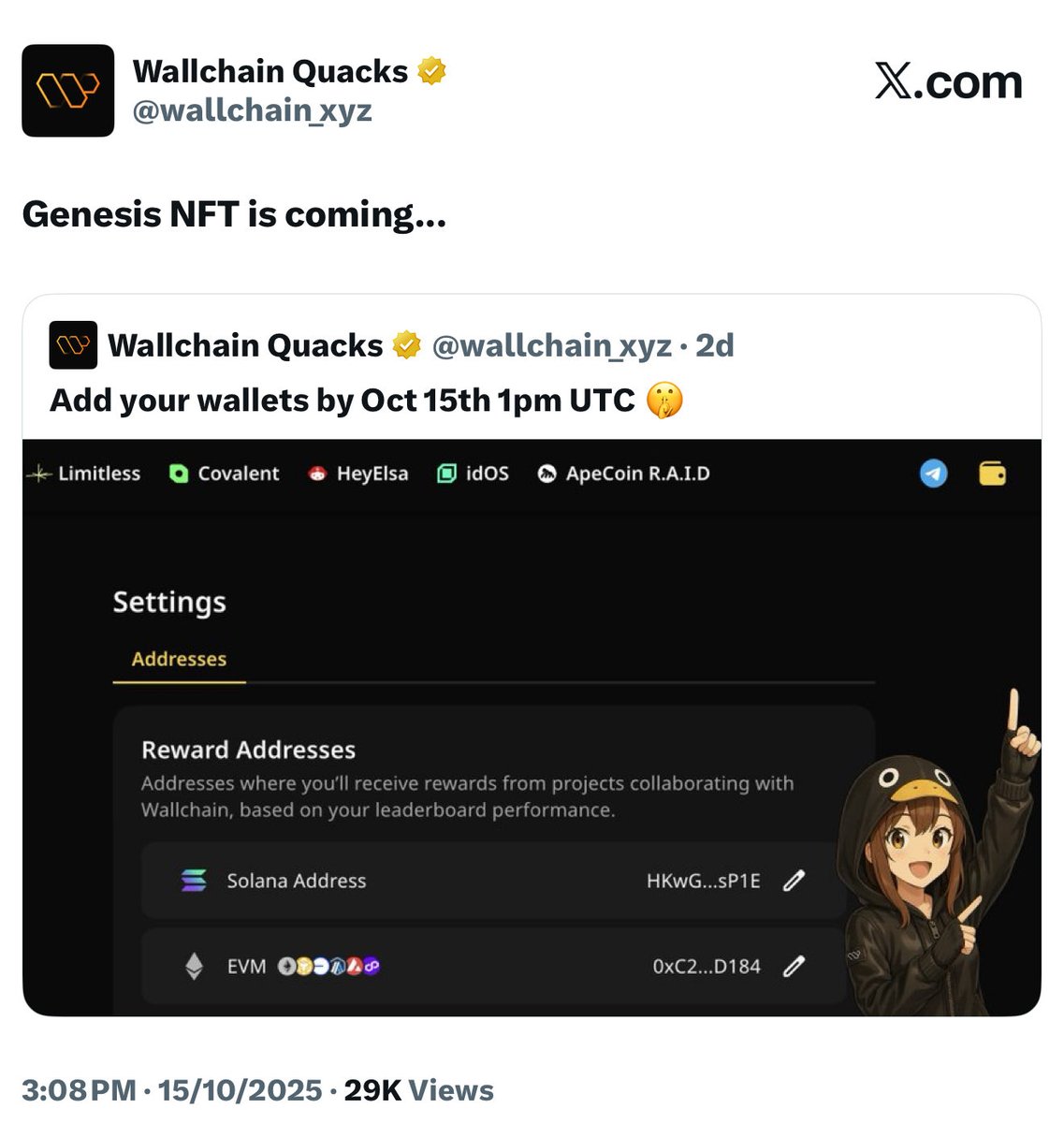 Wallchain Genesis NFT loading...

[ ███▒▒▒▒▒▒▒ ] 42%

Maybe <a href="/wallchain_xyz/">Wallchain Quacks</a> have taken snapshots for those that have connected their wallet before this announcement 

Keep quacking <a href="/genome_protocol/">Genome</a> and <a href="/SOCKETProtocol/">SOCKET (mainnet arc)</a>

Congratulations in advance