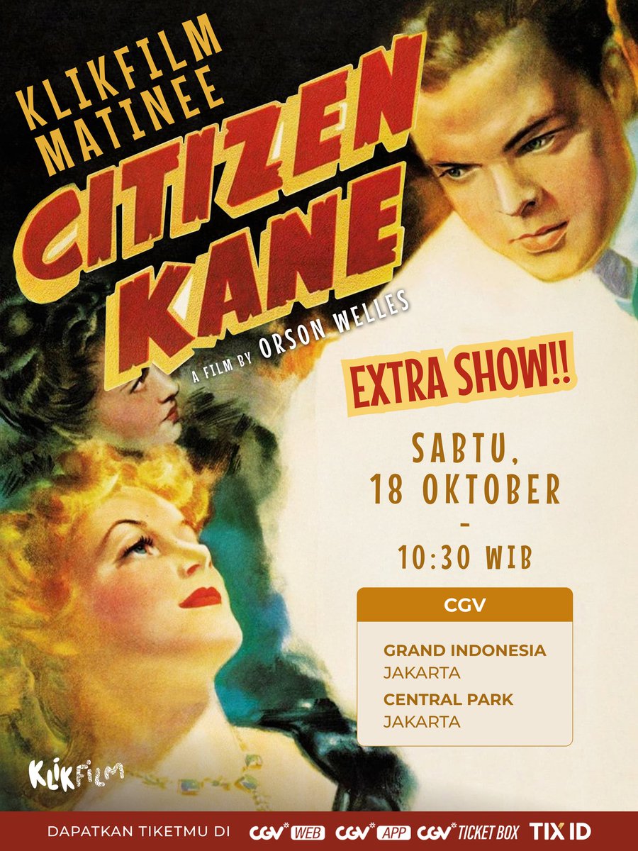 KlikFilm's tweet image. Antusiasme penonton terhadap KLIKFILM MATINEE luar biasa! 🍿
Show perdana program baru dari KlikFilm ini langsung penuh terjual, membuat kami menambah extra show untuk kamu yang belum sempat mendapatkan tiketnya. 🎬

#KlikFilmMatinee #CitizenKane #ClassicCinema #MatineeShow