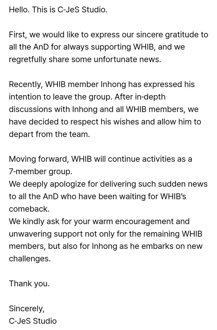 WHIB_UNIVERSE's tweet photo. [NOTICE] Announcement regarding Inhong’s withdrawal from WHIB.

#WHIB #휘브
#INHONG #인홍 https://t.co/mIjTp10iWp