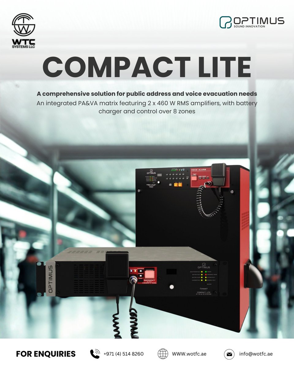 WTC_SYSTEMS_LLC's tweet image. The Optimus COMPACT LITE is an advanced public address and voice evacuation system designed for critical installations like hospitals, airports, schools, and commercial buildings. 
#OptimusAudio #PublicAddressSystem #VoiceEvacuation #SafetyCommunication #AudioTechnology