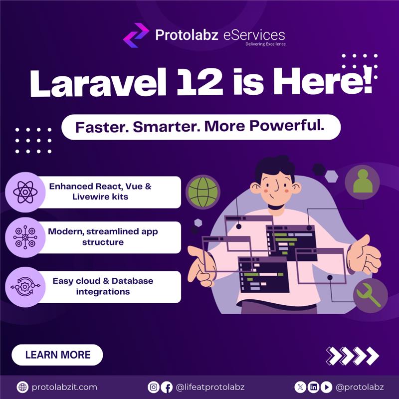 protolabz's tweet image. Laravel 12 is Finally Here!
Experience next-level performance with a framework that’s faster, smarter, and more powerful than ever.
Build modern web apps effortlessly with enhanced React, Vue & Livewire kits, a streamlined structure, and seamless cloud + database integrations.