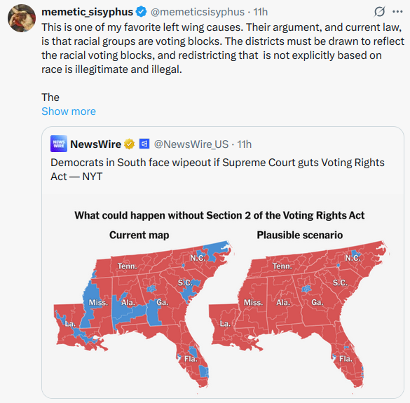AnechoicMedia_'s tweet photo. Minorities in a democracy with local representation can never be represented proportionately, unless there's extreme segregation, which isn't a thing anybody really claims to want.

The argument that blacks deserve a "candidate of their choice" long past the era of identifiable racial discrimination doesn't hold since you can slice up the population by any variable and realize it's impossible for that minority to have its own little district of self-determination. Men, young people, plumbers, baptists, none of these groups get the candidate of their choice because they're not units of democratic representation.

It's extremely disheartening that we've decided to keep this up and enshrine in law the LKY view of multicultural democracy as a racial head count.