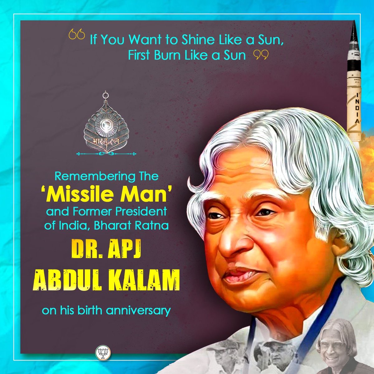 PIChaudhari1's tweet image. Humble tributes to former President and Bharat Ratna awardee Dr.A.P.J.Abdul Kalam on his birth anniversary. He was a visionary scientist,beloved teacher,eloquent speaker,noted author. His life of humility and mission to ignite young minds will continue to inspire. #APJAbdulKalam