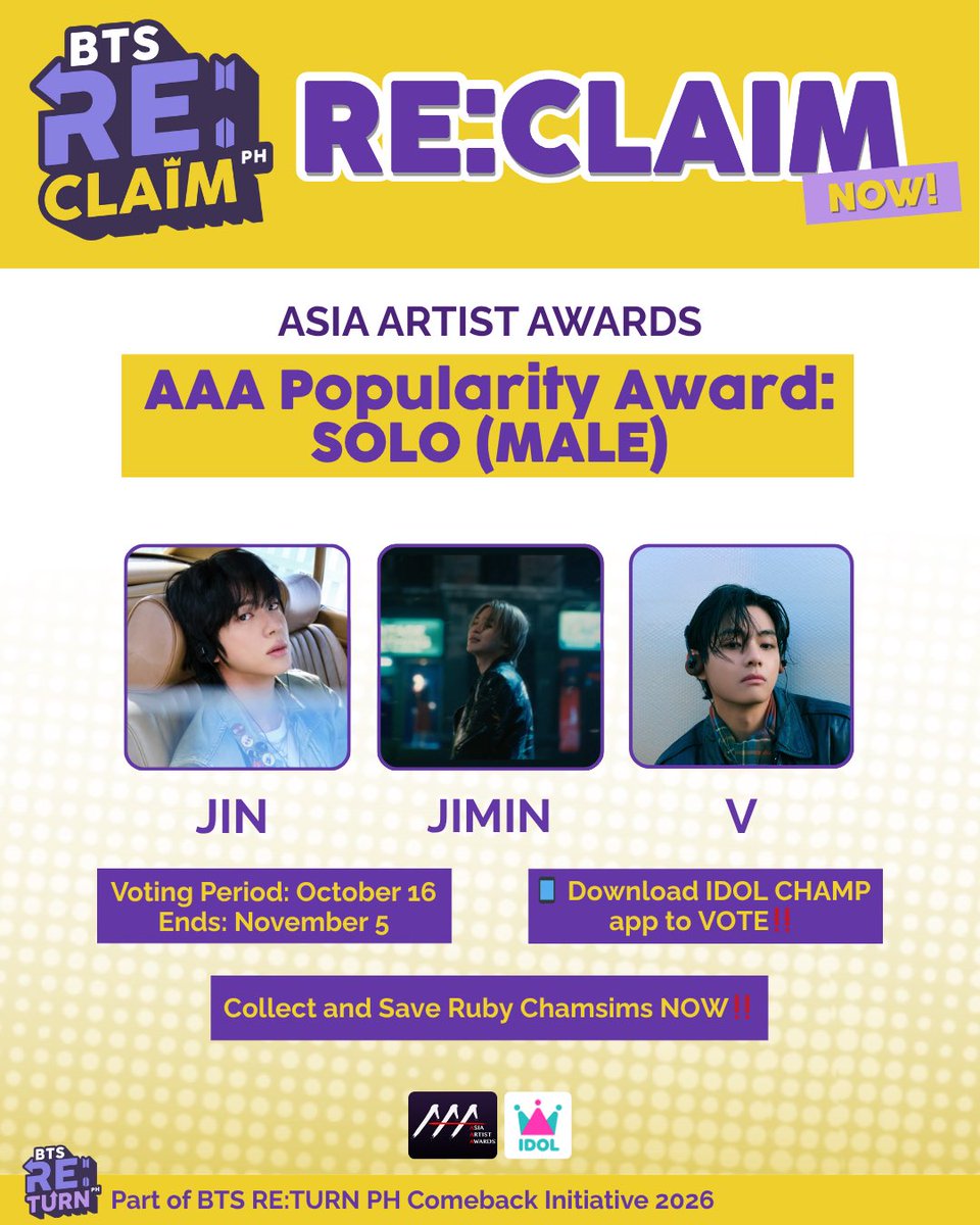 💜 IT’S VOTING DAY, ARMY! 💜
AAA 2025 Final Round is ON! 🏆

Vote for BTS, Jin, Jimin &amp; V — every ❤️ Chamsim counts!
📱 Collect daily on IDOLCHAMP &amp; 
let’s RE:CLAIM the crown 👑

🗓️ Ends Nov. 5, 11PM🇵🇭

🔗 btsreturnph.com/voting 

#BTSReClaim #BTSRE_TURNPH #PHARMYsUnite