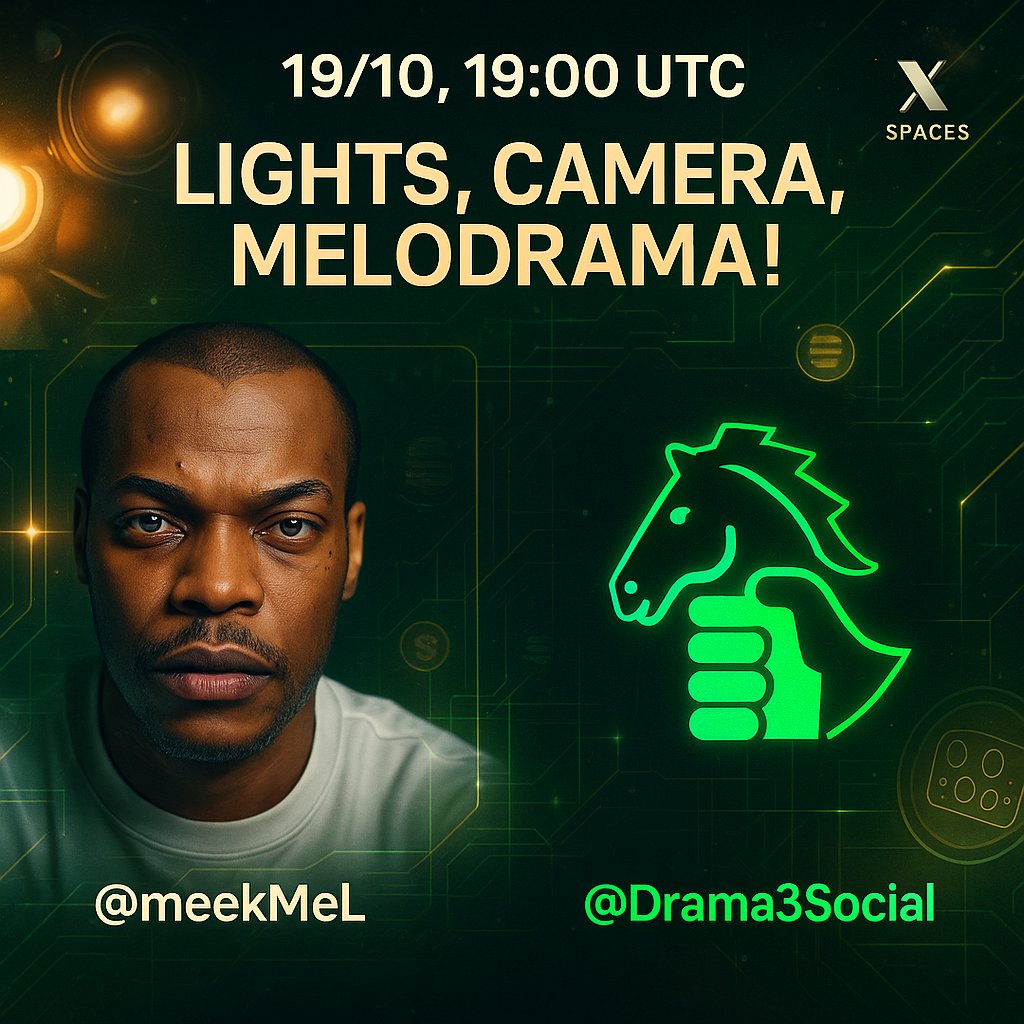 meekMeL's tweet photo. 💥 $VAN Did 7x from launch in weeks — What’s the Next #Web3Film Moonshot? 
🎙 🎬 “Lights, Camera, Melodrama” with @Drama3Social this Sunday! 
The stage lights turn to what’s coming next + $USDT giveaway for live listeners! 💰 #AlphaDrop 🍿
Set a reminder!  https://t.co/06vQGZjbVZ https://t.co/qTI5b00s7O