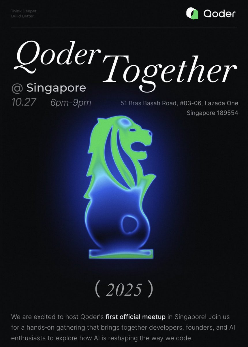 qoder_ai_ide's tweet image. 🇸🇬Singapore devs, let's meet IRL!
We're hosting our first official Qoder meetup and you're invited.
📅 Oct 27, 6-9PM
📍 Lazada One (Bras Basah Road)
→ See Quest Mode and agentic workflows live
→ Swap AI coding stories
→ Actually influence our roadmap
Free but limited…
