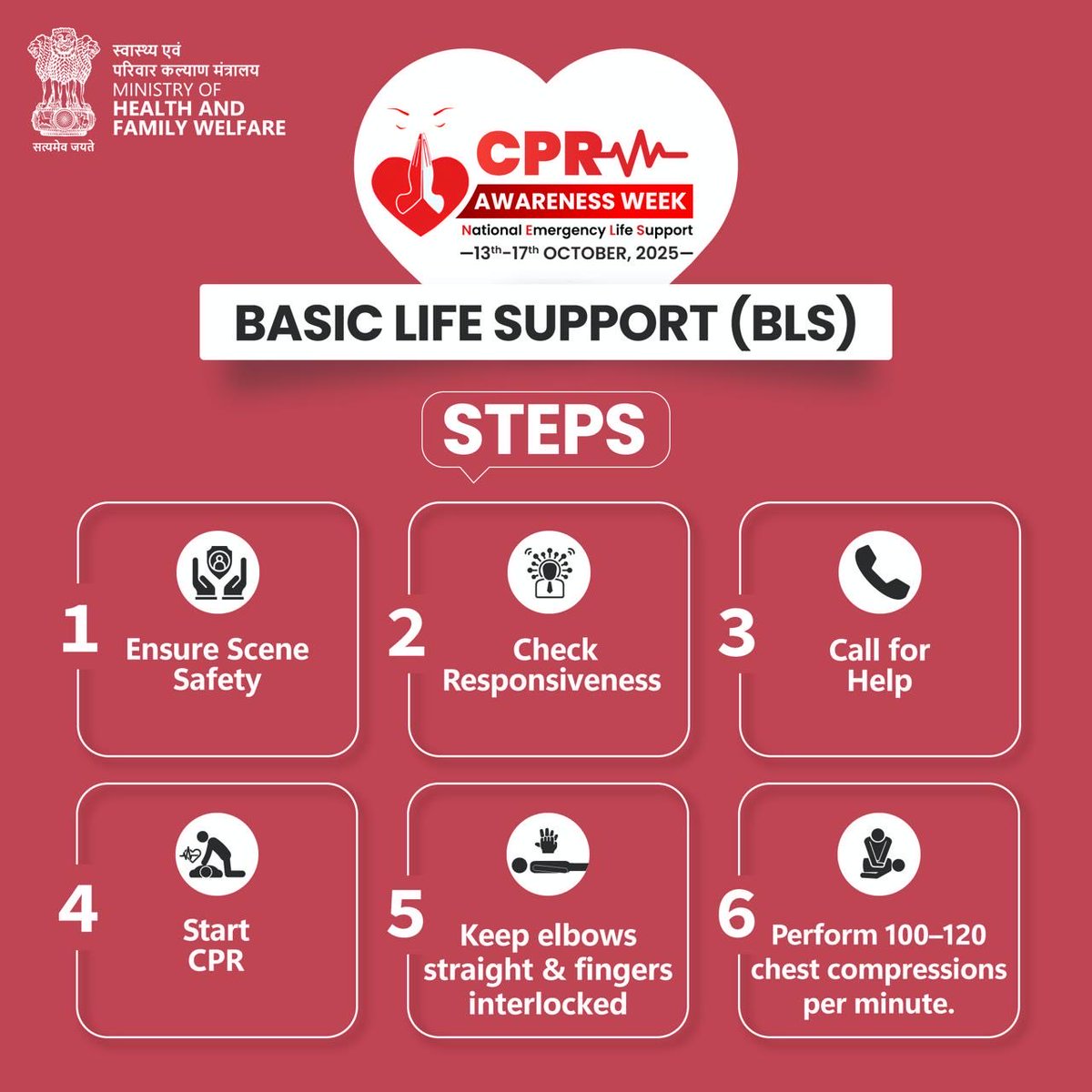 MoHFW_INDIA's tweet image. Learn the 6 simple steps of Basic Life Support (BLS) and be prepared to save a life during cardiac emergencies. 

#CPR4Life2025 #CPRAwarenessWeek #CPRYourSuperpower