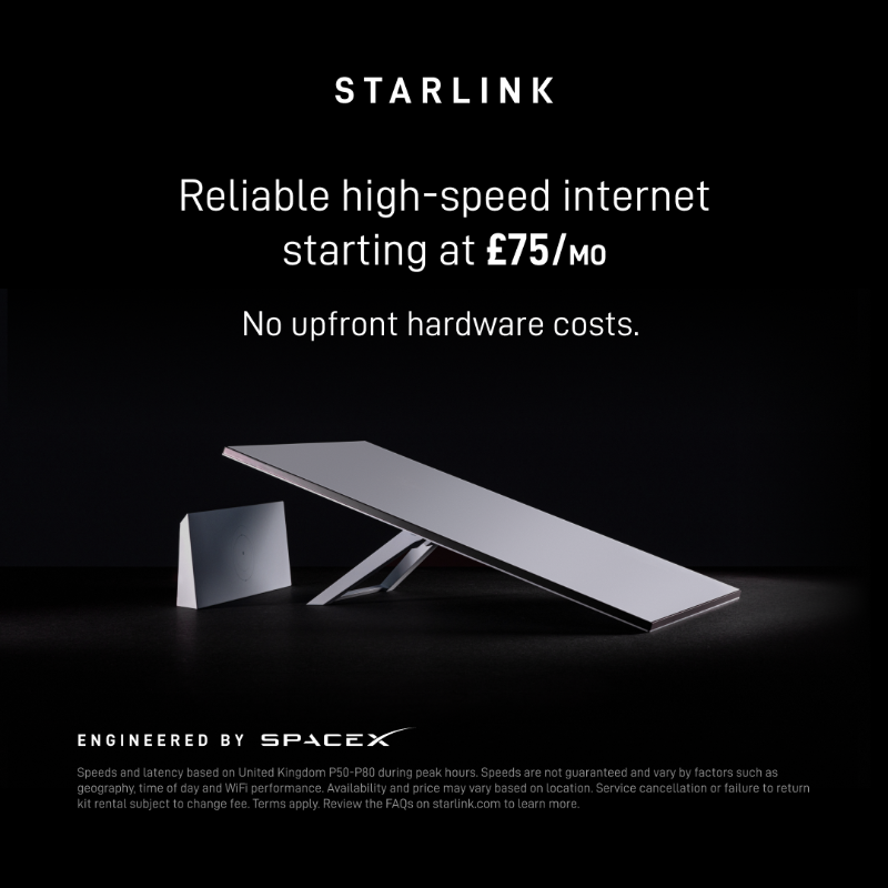 Starlink's tweet photo. Starlink offers free professional setup with no upfront hardware cost. Get connected with fast, reliable internet for streaming, video calls, online gaming and more.

Speeds between 220-300 Mbps. 

Order online in minutes.