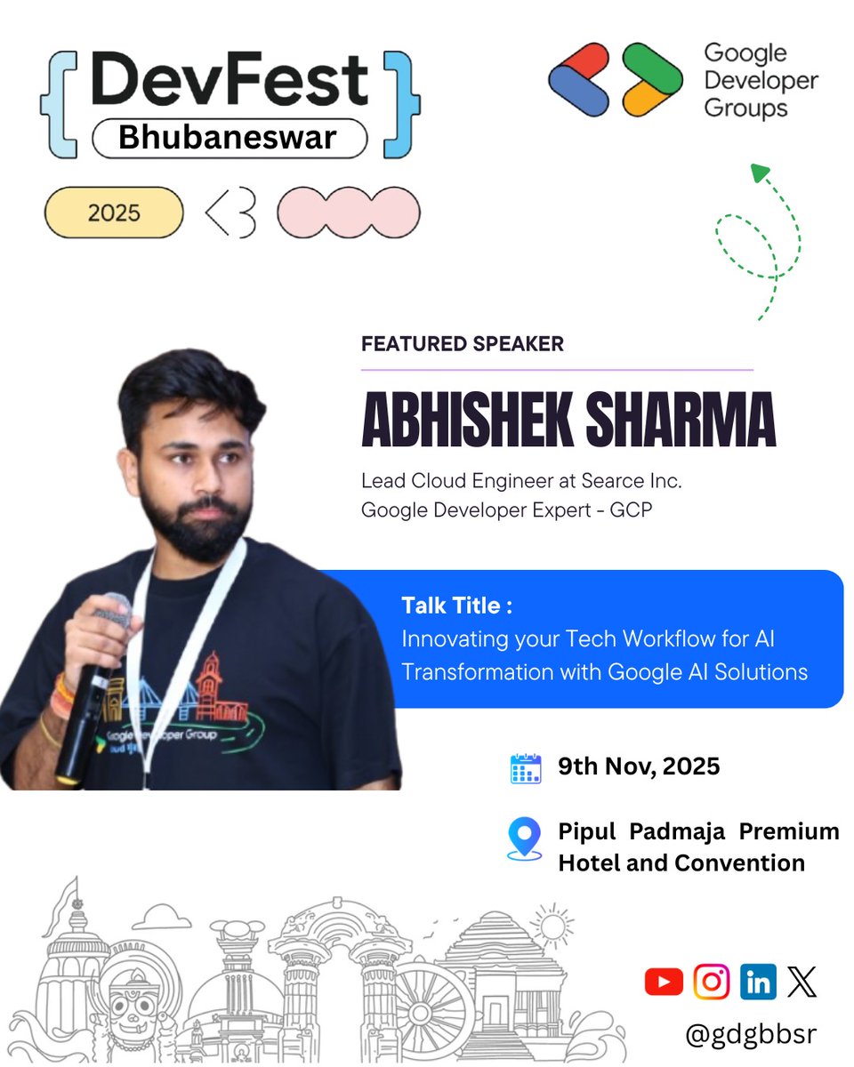 🚀 Speaker Reveal Alert!

We’re thrilled to welcome Abhishek Sharma — Google Developer Expert, Organizer @ GDG Cloud Mumbai &amp; Founder of Guys in the Cloud <a href="/acloudpotato/">Abhishek Sharma</a> — to #DevFestBhubaneswar 2025! ☁️

#SpeakerReveal #DevFest #GDG #GoogleDevelopers