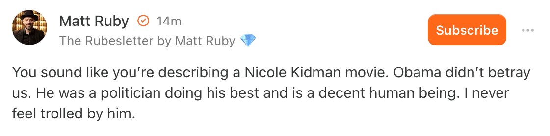A whole generation of liberals still refuses to engage with the fact that Obama rescuing his bank donors as they foreclosed on Americans created backlash conditions for Trump. 

This is not political engagement. This is liberal fan culture that just wants to go back to brunch.